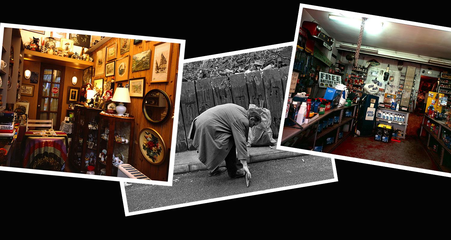 3 old historical photos looking at different parts of Leith Edinburgh, 2 shop interiors and picture of man picking up sticks from a road. 