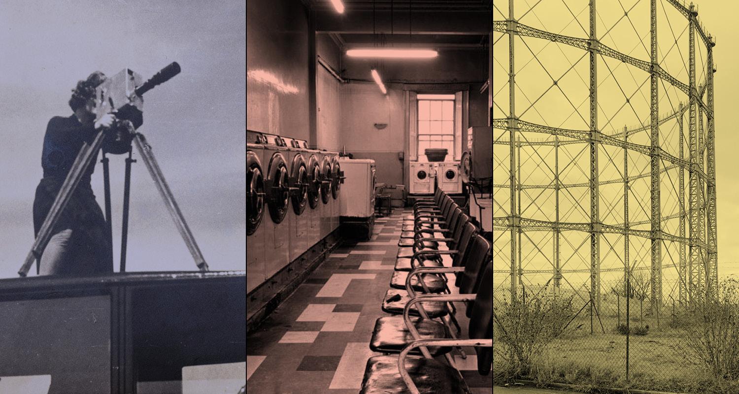 Composite photo showing three details from photos. A woman behind a lens, a laundrette and a gas tank.