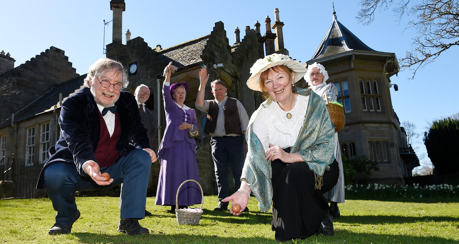 Drama group with easter eggs at Lauriston Castle