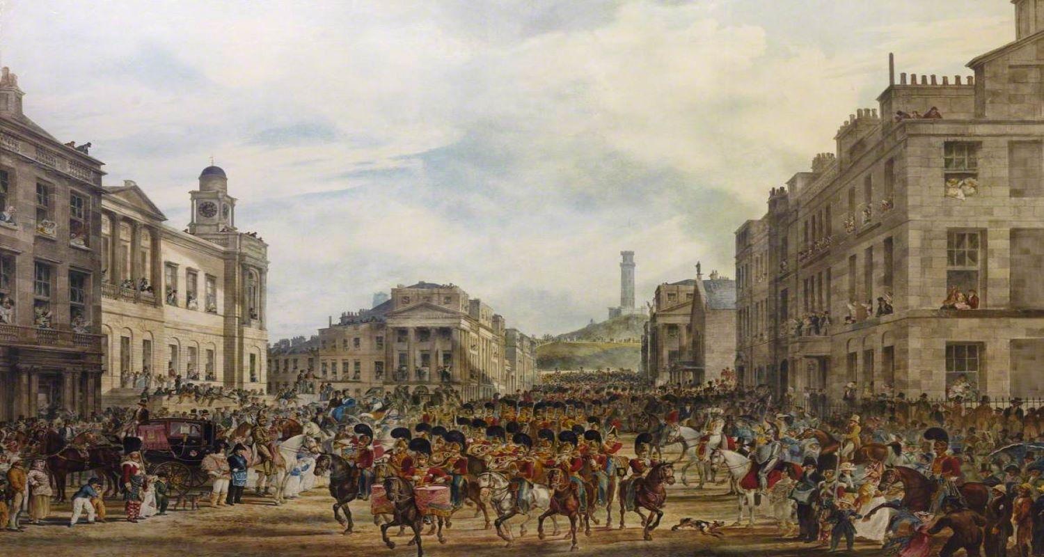 Painting shows crowds of people enjoying the procession of George IV entering Princes Street, Edinburgh in 1822