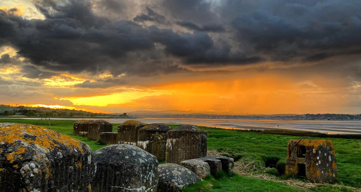 Sunset at Tentsmuir with a golden sky, dark clouds, and grass and stones in the foreground