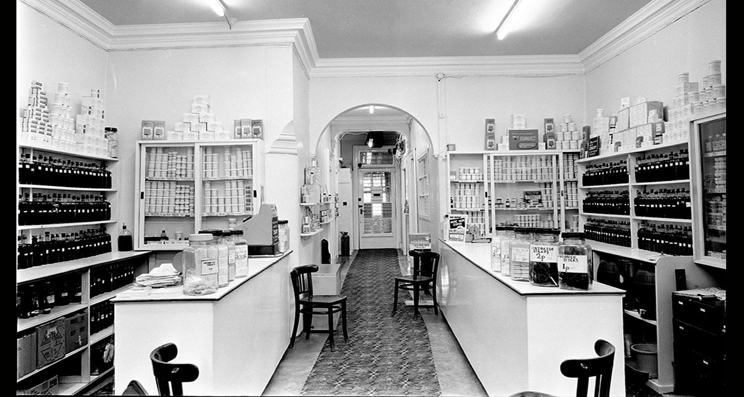 Interior of an Edinburgh herbalist shop - historical image