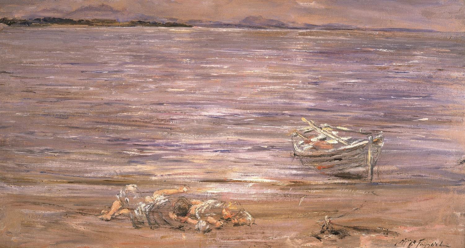 The sea and sky are painted in shades of pinks, blues and purple. Hills are in the distance and a fishing boat is in the foreground tied by the shore - two people lie on the beach.