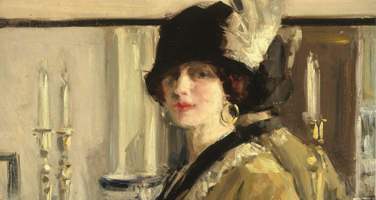 Detail of city art centre painting showing lady with hat