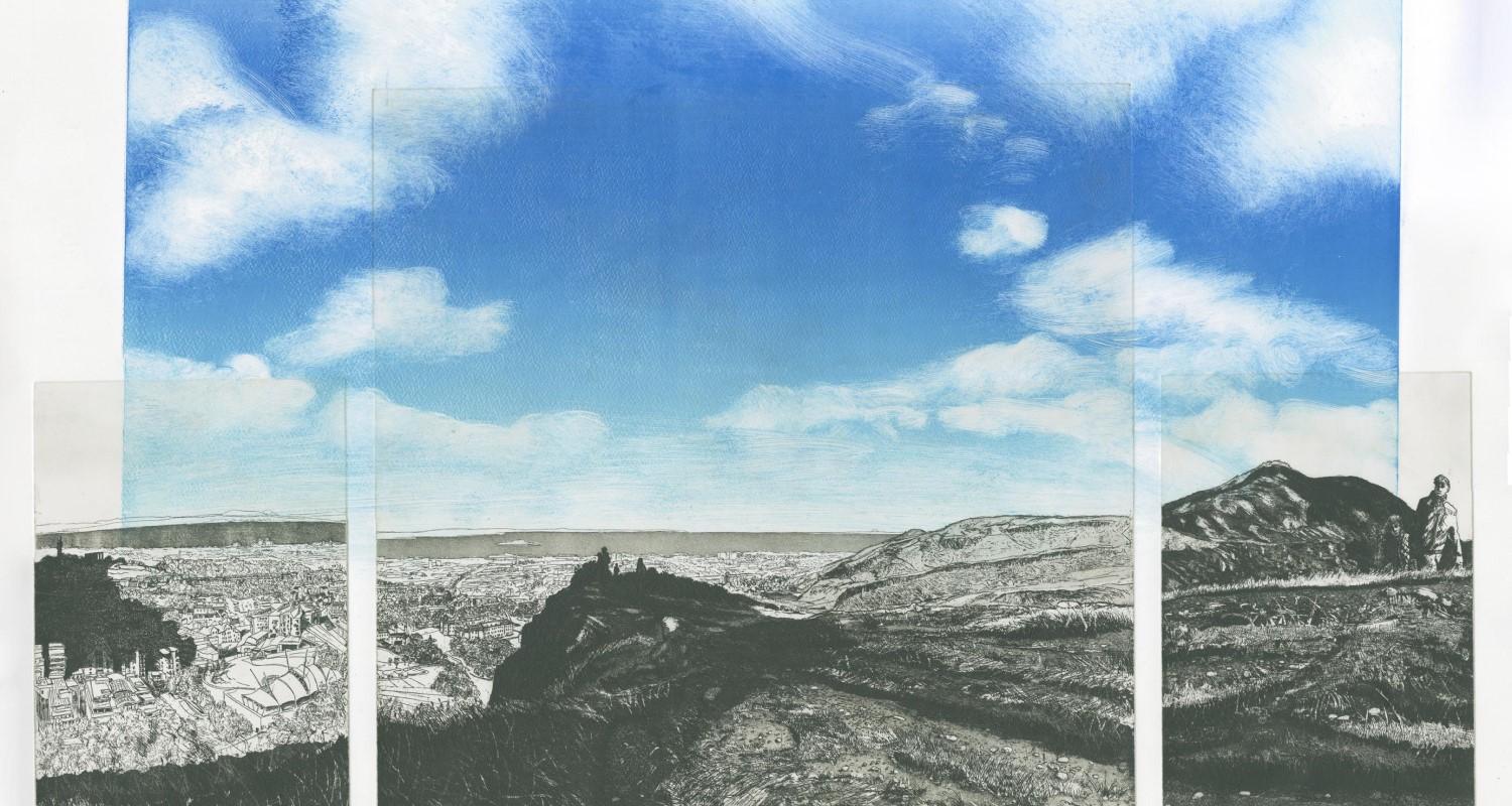 Blue sky with clouds, three shots beneath of a snowy, barren landscape