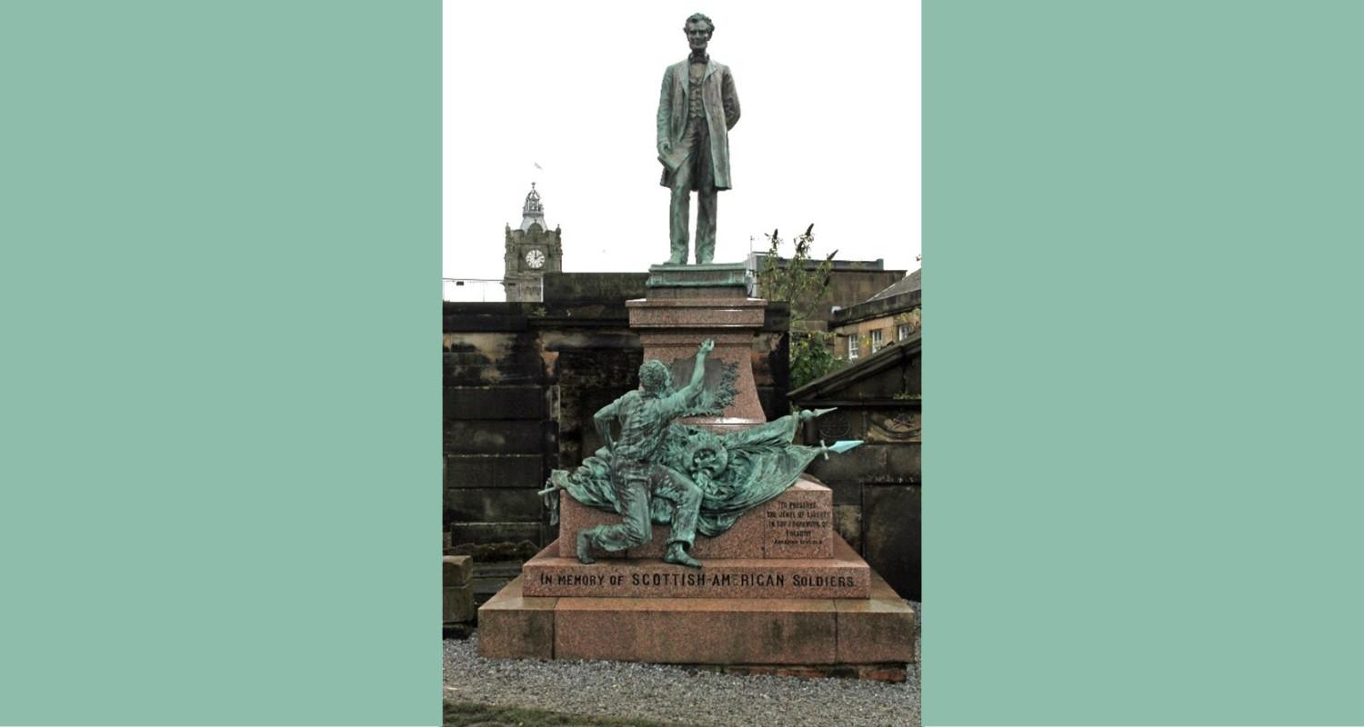 Photograph of Edinburgh's American Civil War memorial, with Abraham Lincoln at the top and a beseeching figure reaching up from the lower plinth