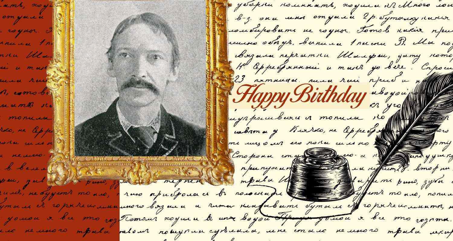 Graphic with a photo of writer Robert Louis Stevenson with inkwell and print