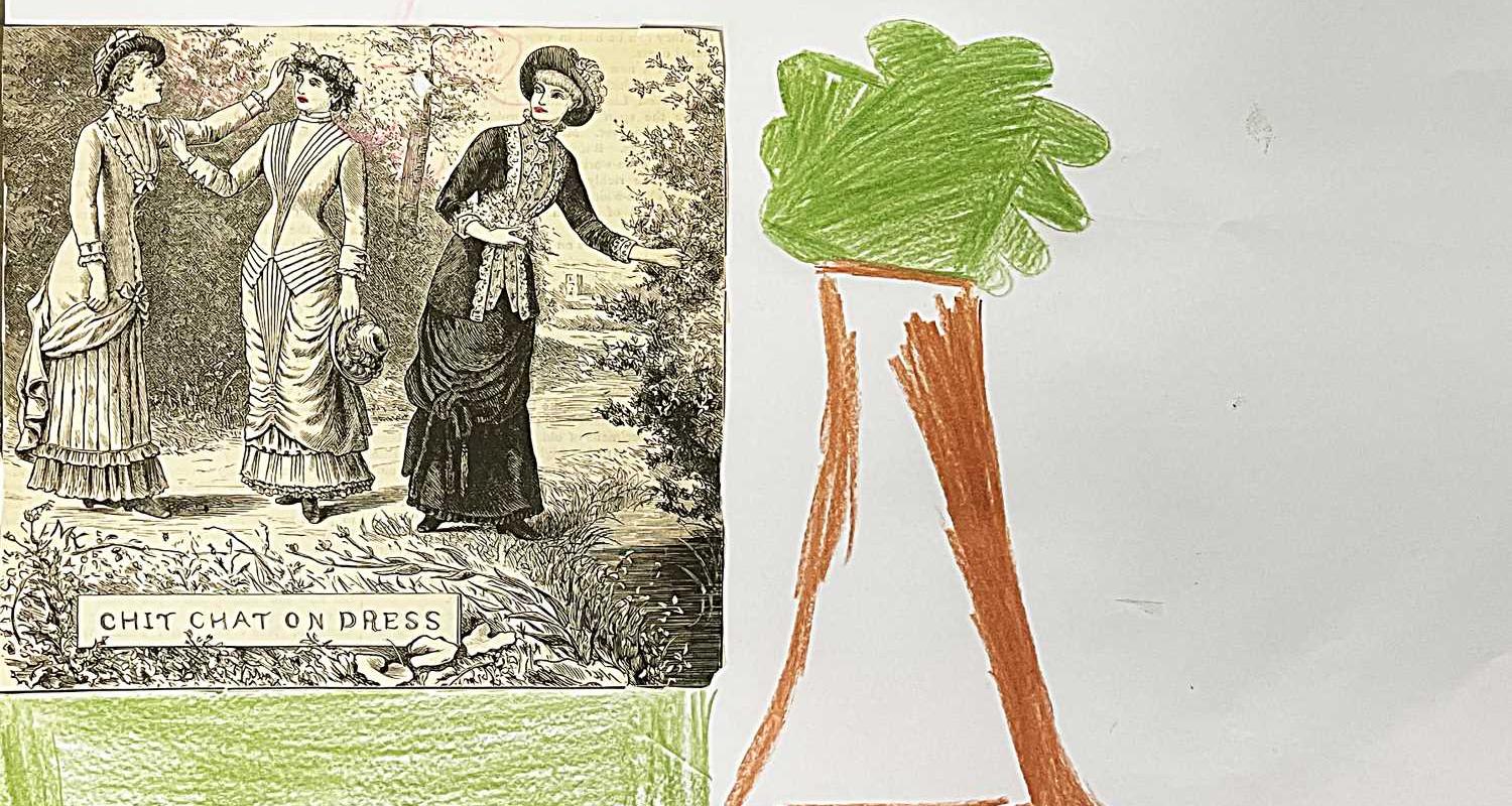 print image of 3 ladies in Edwardian dress alongside drawing of a tree