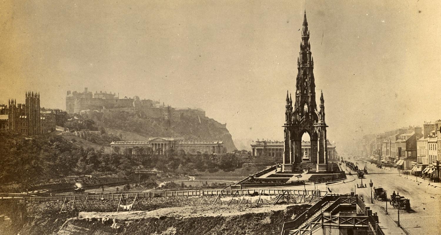 Photograph “View of the Scott Monument, Edinburgh, from east and Princes Street with Edinburgh Castle and the Mound in the background.” c. 1860-80 © Historic Environment Scotland 