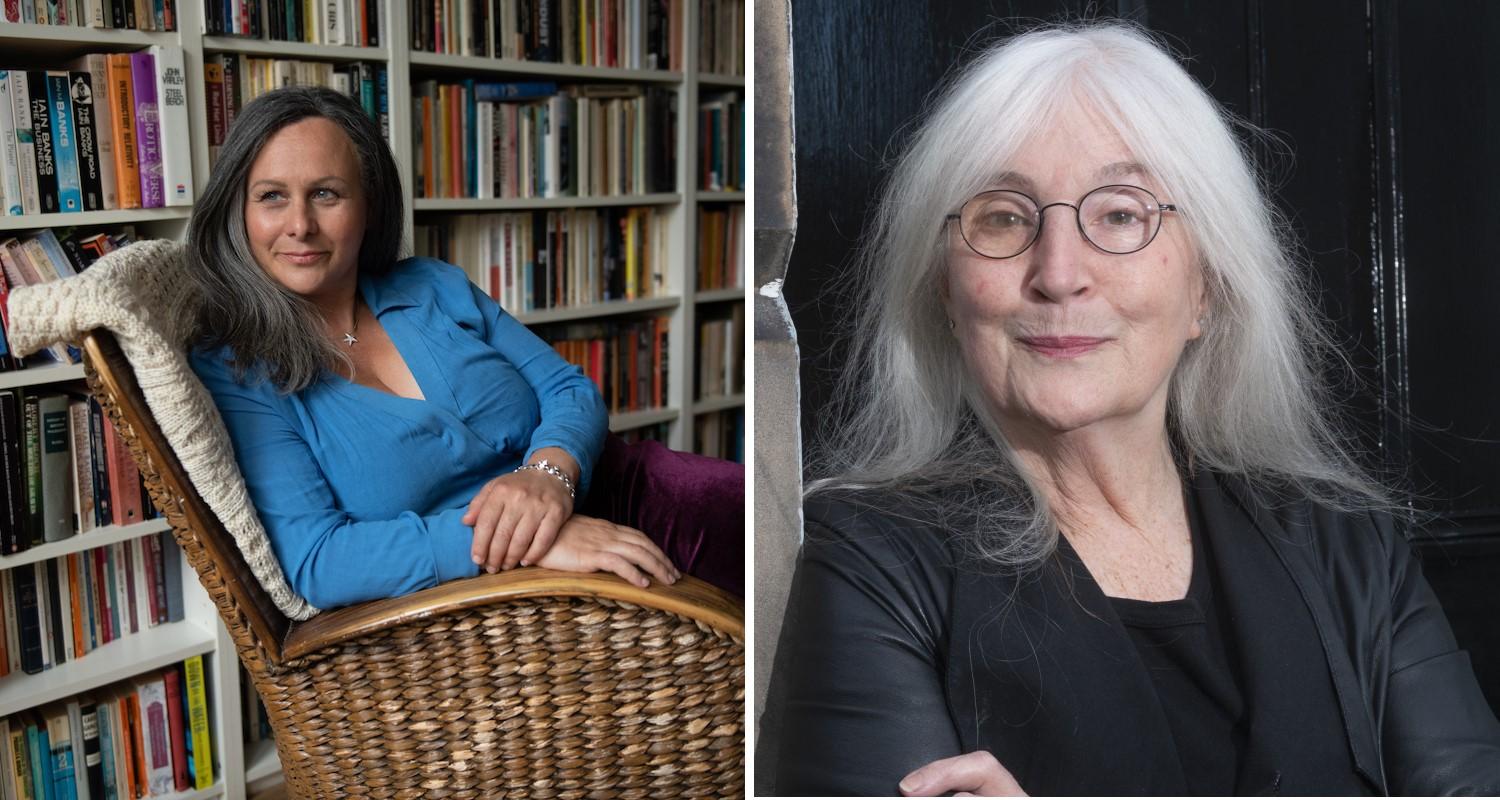 Sara Sheridan wearing a blue top and a mulberry skirt reclining in an arm chair plus Leslie Hills, dressed in black in front of a black door