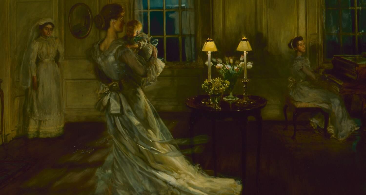 An Edwardian room where a family is dancing to the light of the moon streaming through