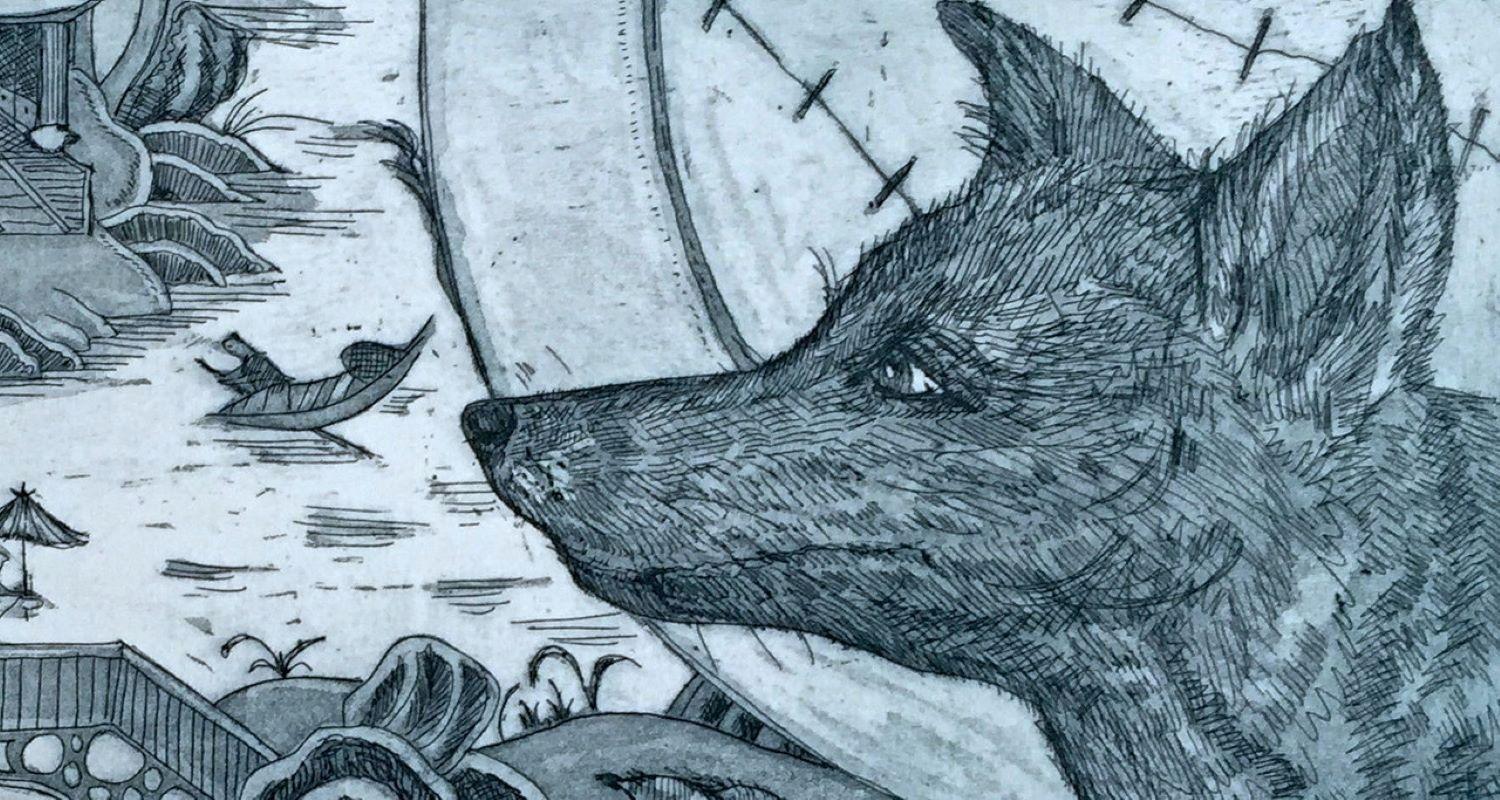 Detail of etching of a fox by artist Tessa Asquith Lamb