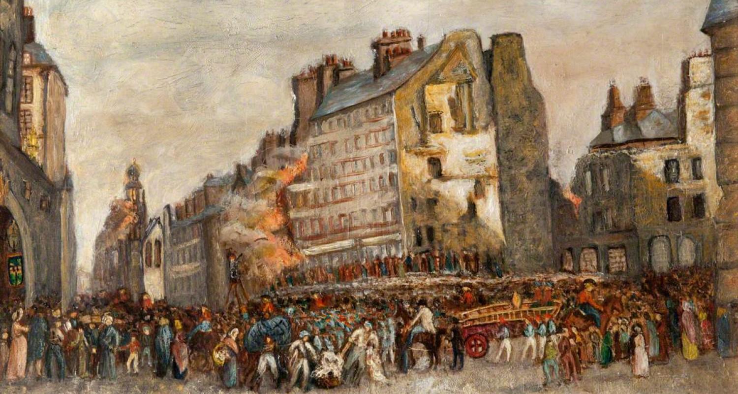 Crowds watch the fire which burned for days in November 1824, and began in a printer's shop in the High Street