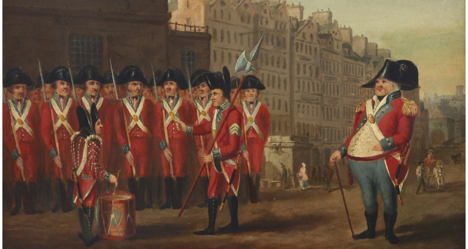 A painting of the city guard in their red uniforms, with a drum, standing in formation in the street