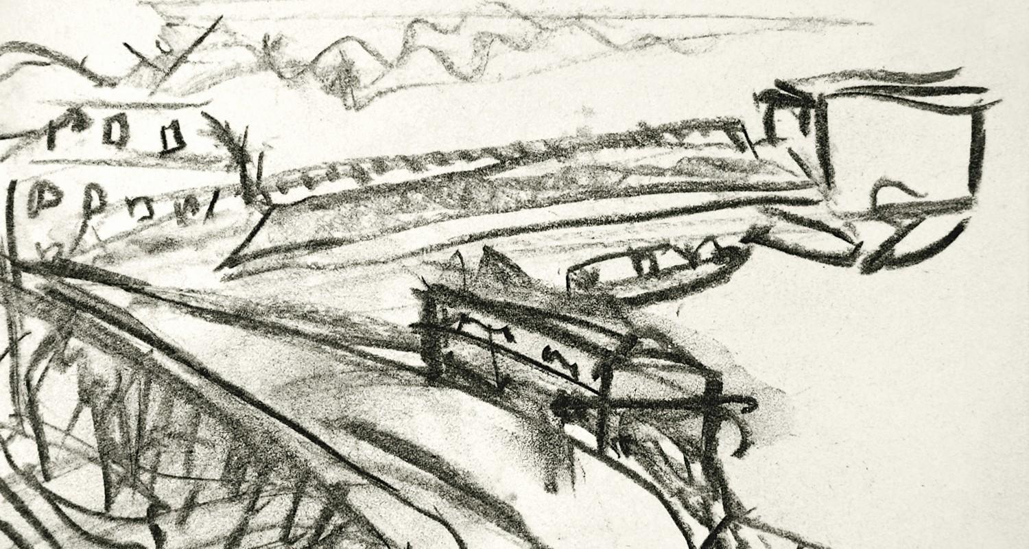 A rough charcoal sketch on white paper - perhaps of buildings and a train on a bridge