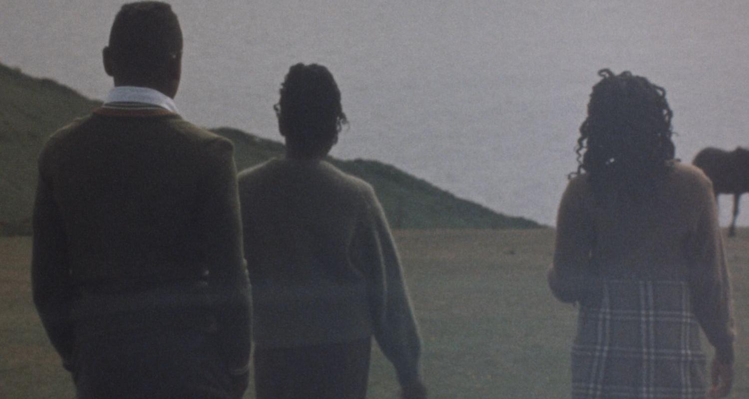 Three people standing in a field with their backs to the camera. A horse is in the background.