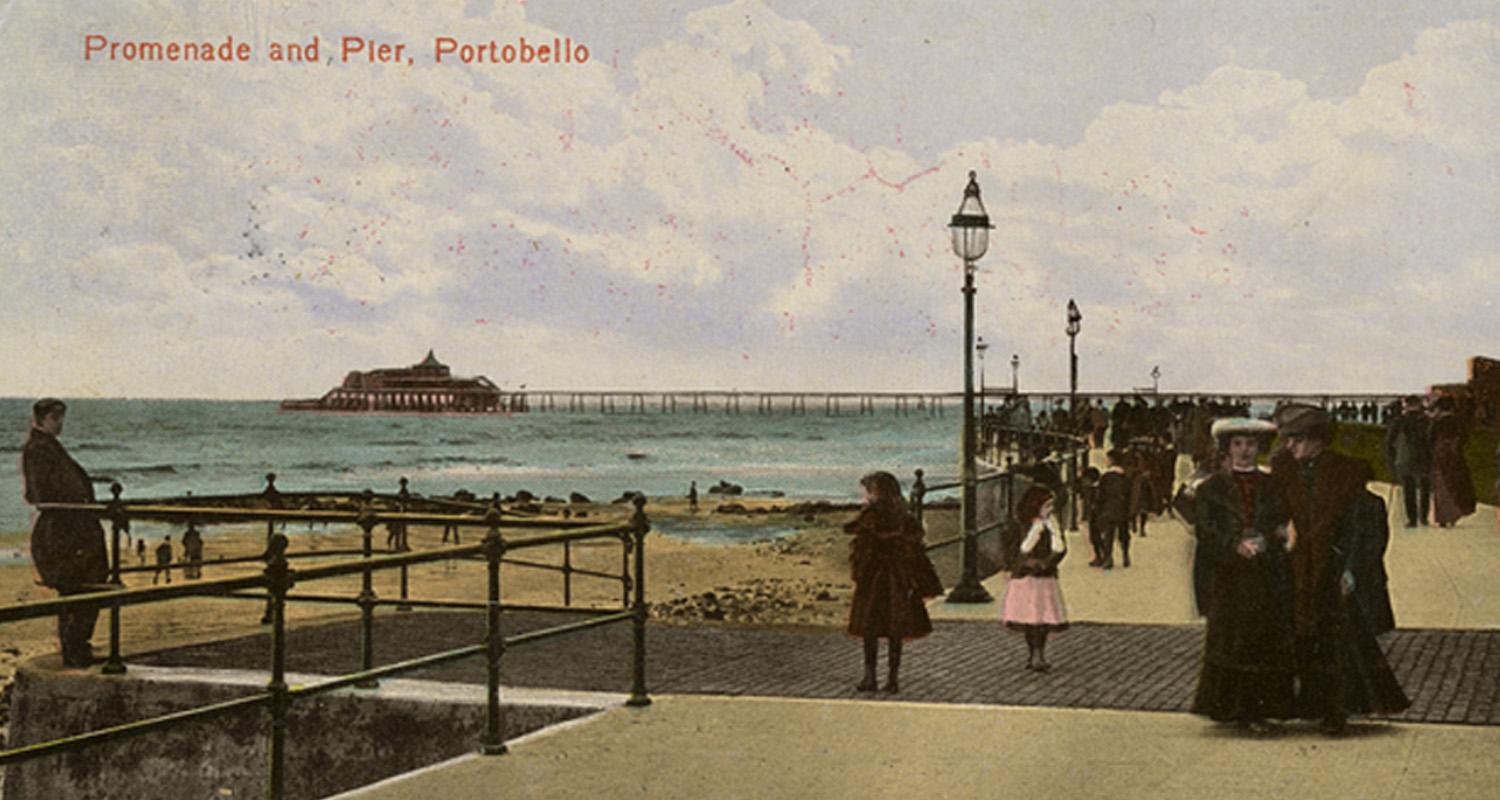 handcoloured postcard of Portobello Esplanade and Pier, early 1900s