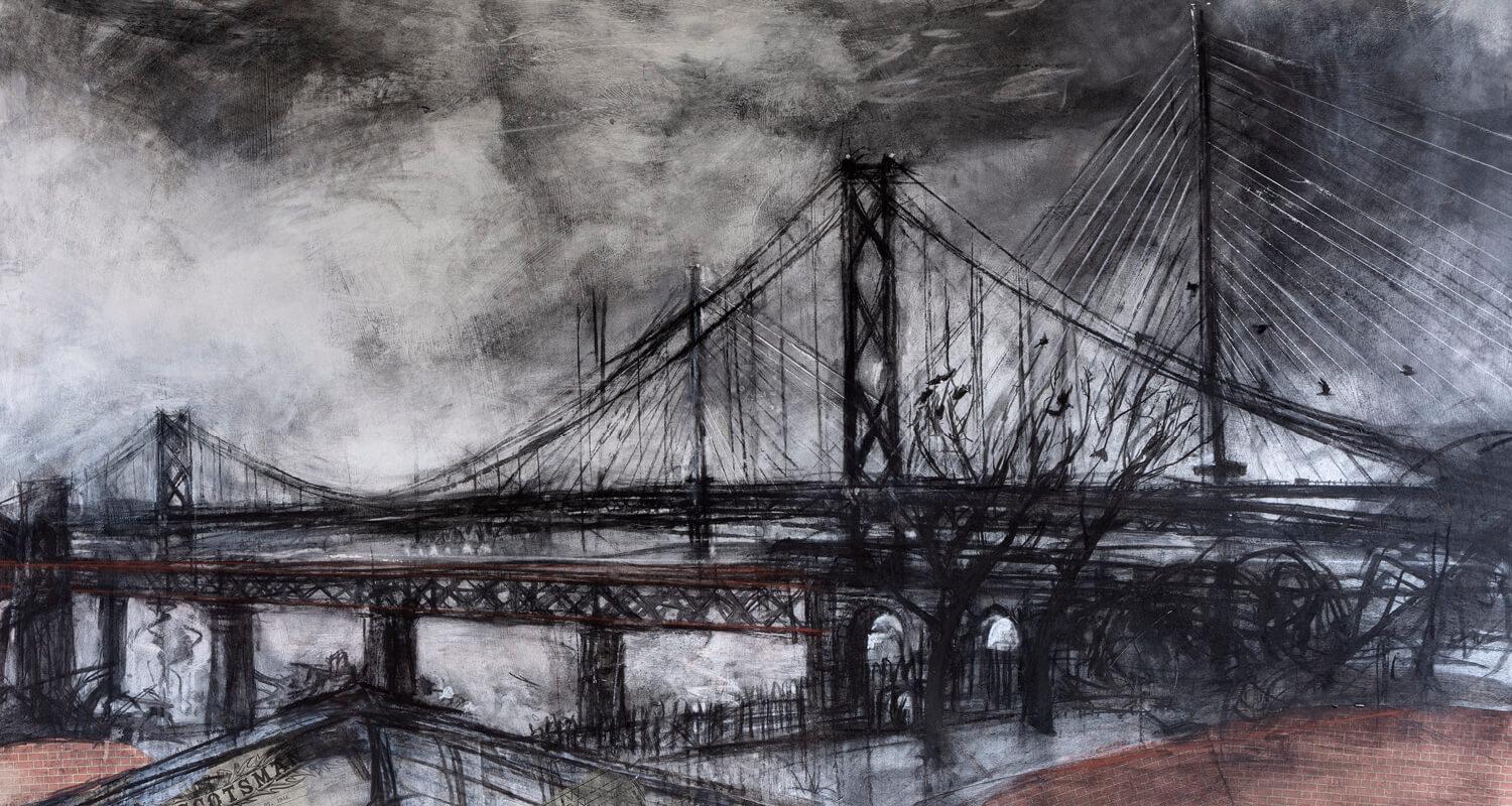 Detail of a drawing by Kate Downie of Bridges at Queensferry