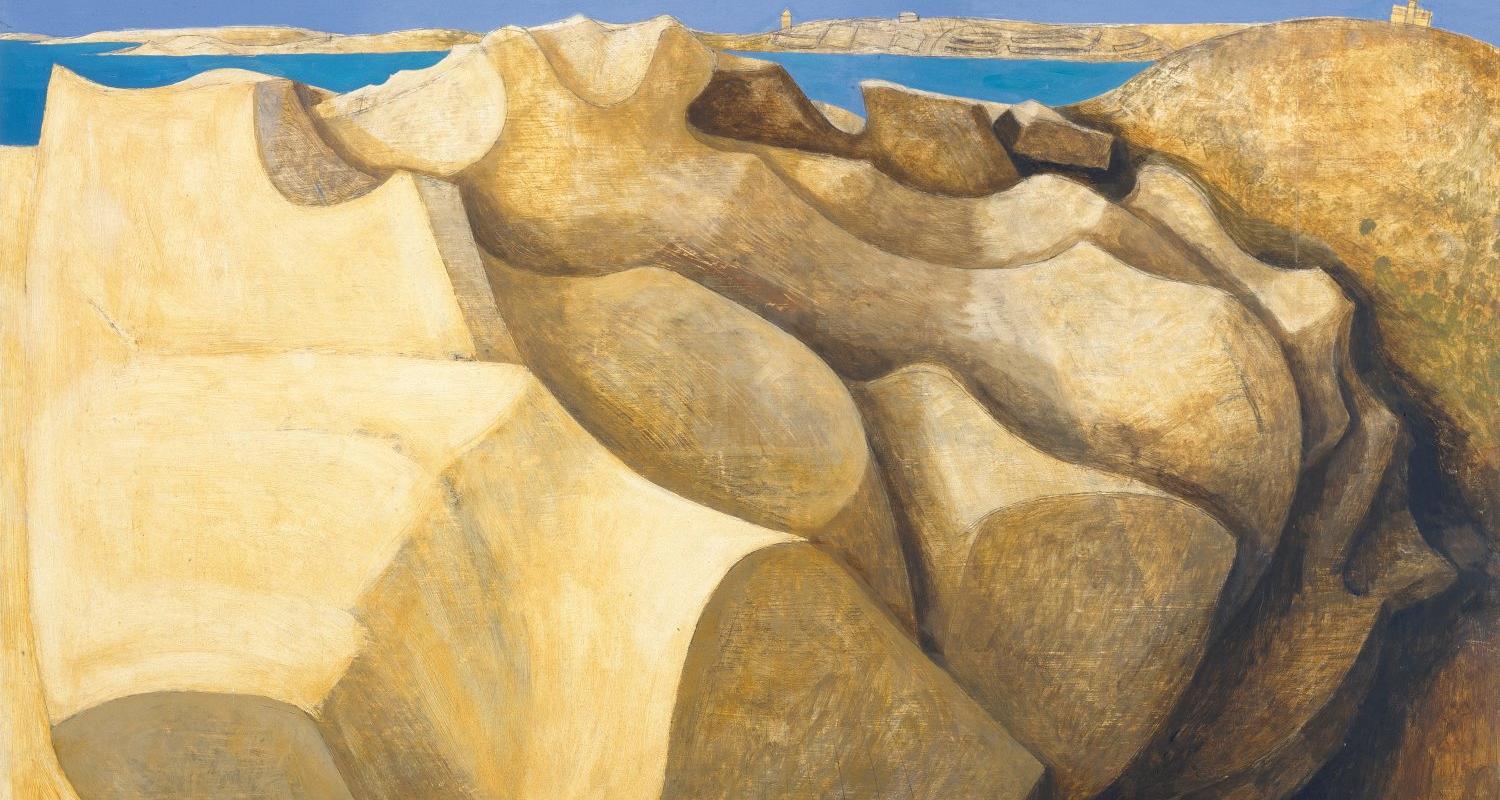 Painting with huge yellow rocks in the foreground and with the blue sea in distance and little building