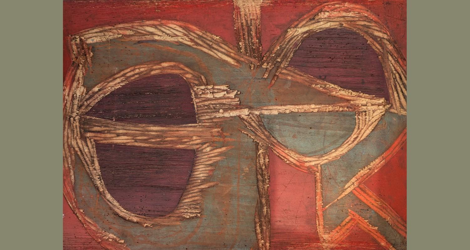 A woodblock  with a dark red background and figures in sage green roughly outlined in gold
