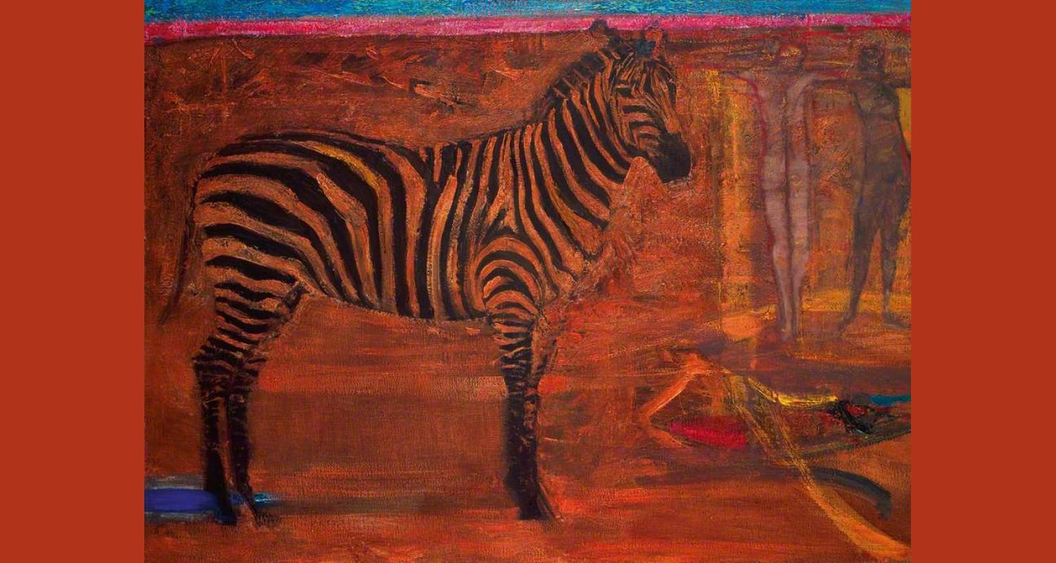A painting of a zebra against an orange background