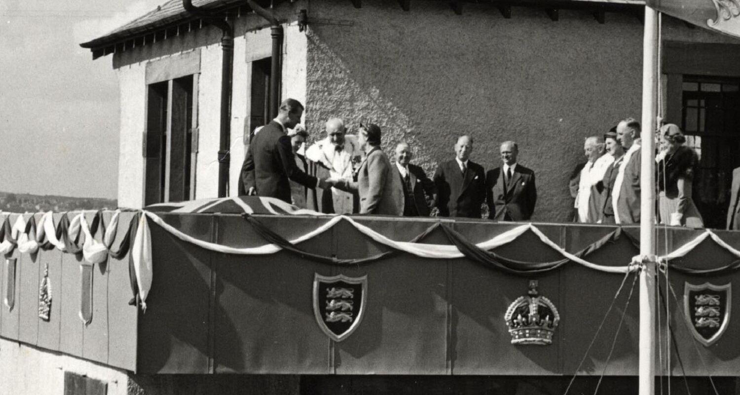 HM Queen Elizabeth and Prince Philip with the Provost of South Queensferry, 1953 on the Burgh Chambers – where Queensferry Museum is now located. Image © City of Edinburgh Museums & Galleries