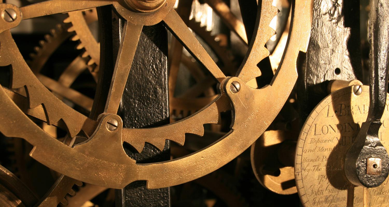 Detail of St Giles clock mechanism with cogs and winding handle
