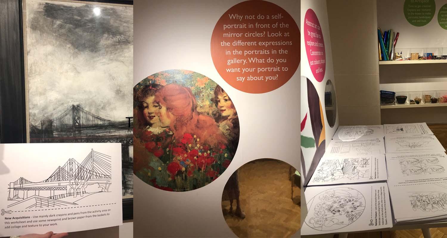 3 images showing an art area in a gallery full of materials and worksheets