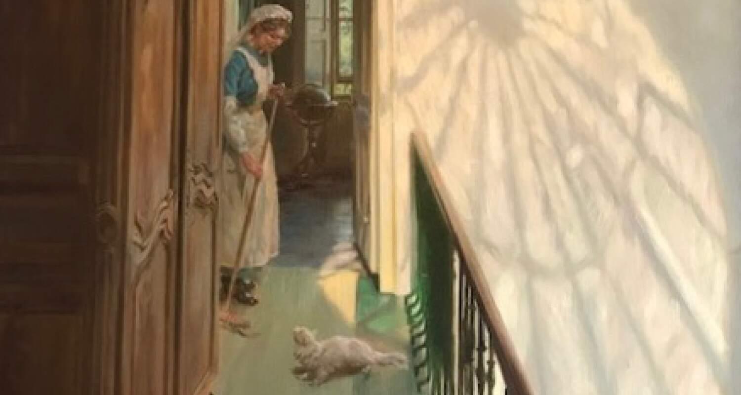 An Edwardian maid working in a sun-filled room where the window is reflecting an exquisite shape on the wall.