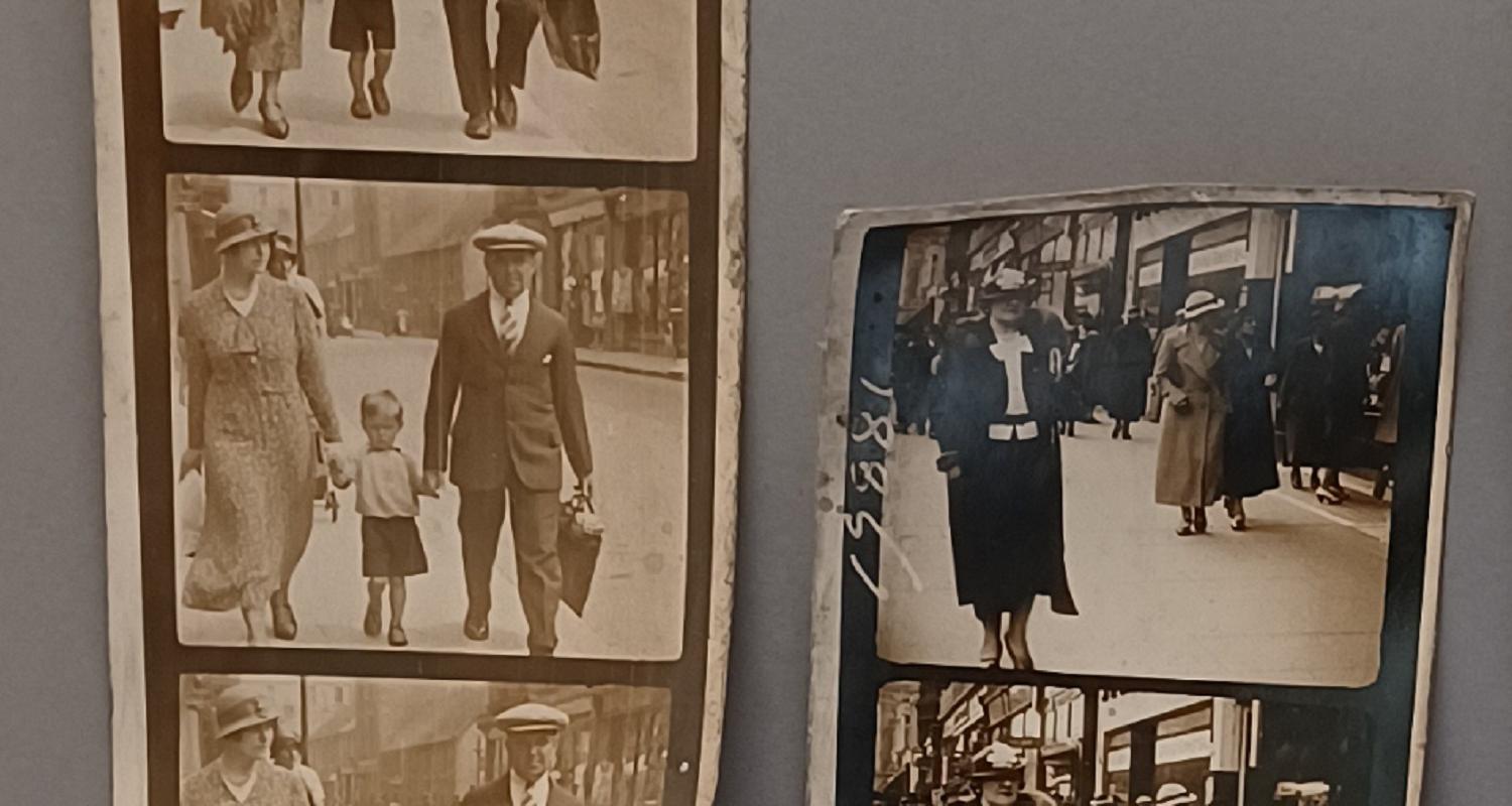 Strips of sepia photographs of passers by on the street in the 1930s
