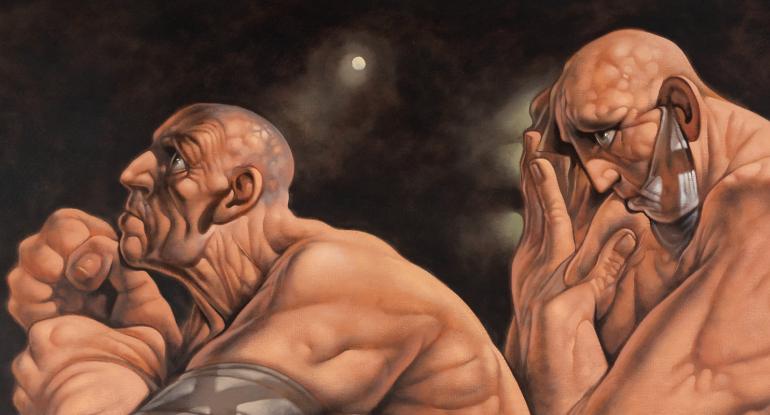 Detail of a painting by Peter Howson featuring 2 men painted in brown hues with the moon between them in distance