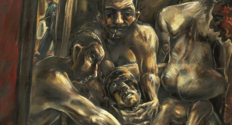 Detail of a painting by Peter Howson featuring men painted in greys