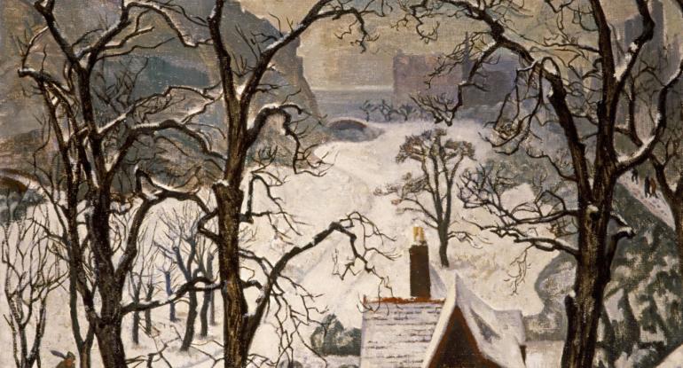 Painting by Crozier showing snow in Princes Street Gardens Edinburgh with Edinburgh Castle in background