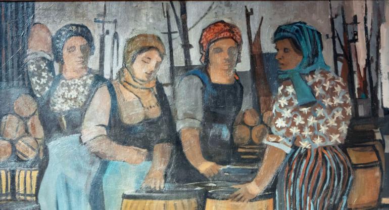 Painting by Donald Smith of 4 fishergirls grouped round large barrels  