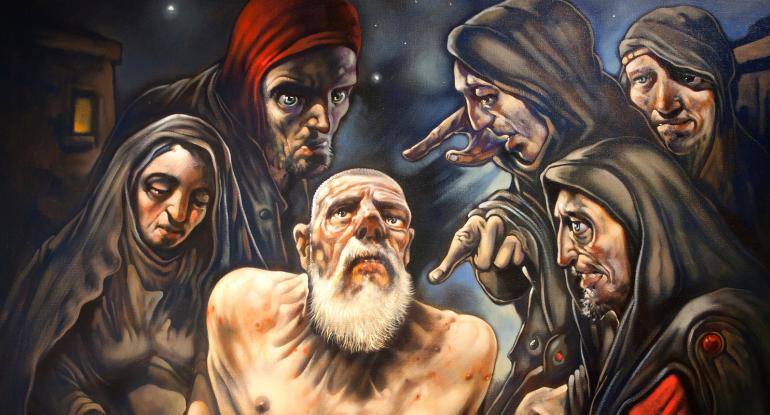 Detail of a painting by Peter Howson featuring 5 people in cloaks surrounding a man in centre 