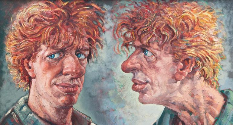 Detail of a painting by Peter Howson featuring two painted faces
