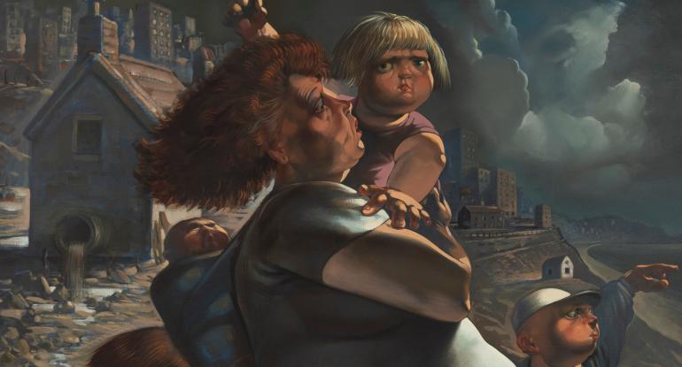 Detail of a painting by Peter Howson showing a person and 2 children set against a barren urban landscape 