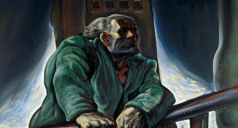 Detail of a Painting by Peter Howson showing a figure in green set against a mysterious background