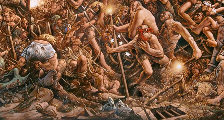 Detail of a Peter Howson Painting featuring lots of writhing figures