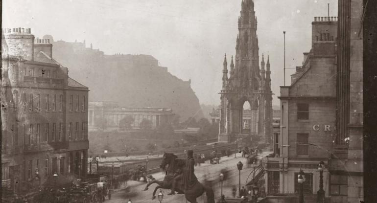 Detail of a Victorian photo of Edinburgh by Thomas Begbie.  The Photo looks up Princes Street from Register House towards the Scott Monument.  