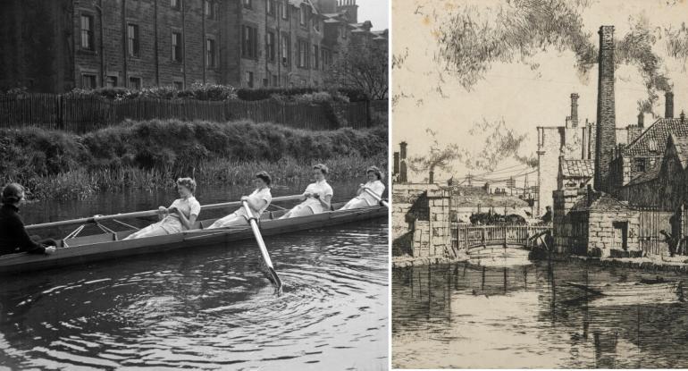 Women canoeing on the union canal and the canal basin as sketched by Adam Bruce Thomson