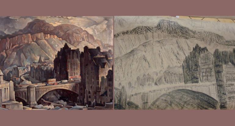 Painting of North Bridge with Salisbury Crags behind plus pencil sketch of the same