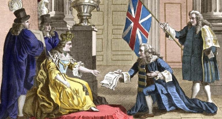 A coloured drawing of the signed treaty being handed to Queen Anne by a kneeling man in flowing blue robes and a wig.Two courtiers stand behind the queen; a fourth man holds the union flag