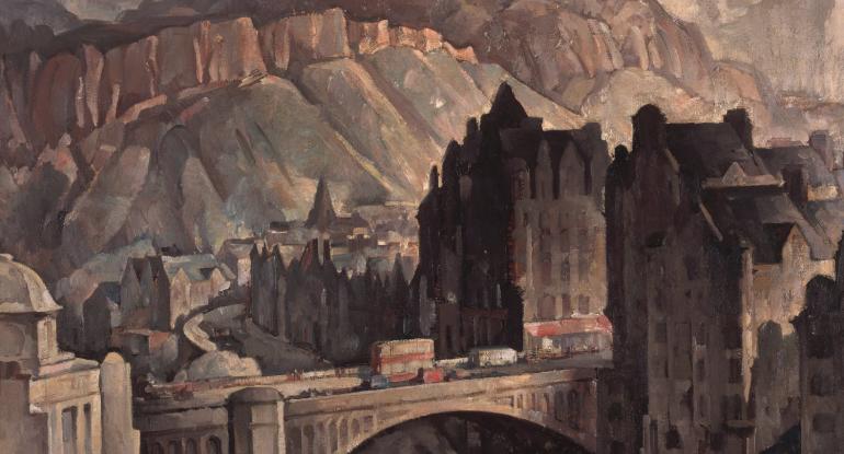 A cityscape painting featuring Edinburgh's North Bridge and Salisbury Crags