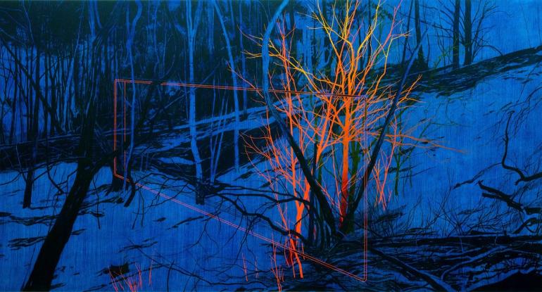 An abstract image of bare trees and fallen branches in black, blue and orange shades