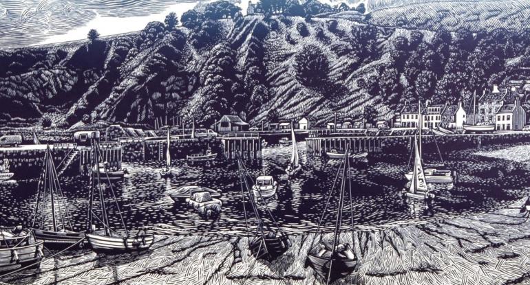 A black and white sketch of a harbour with sailing boats, and houses, hills and trees beyond