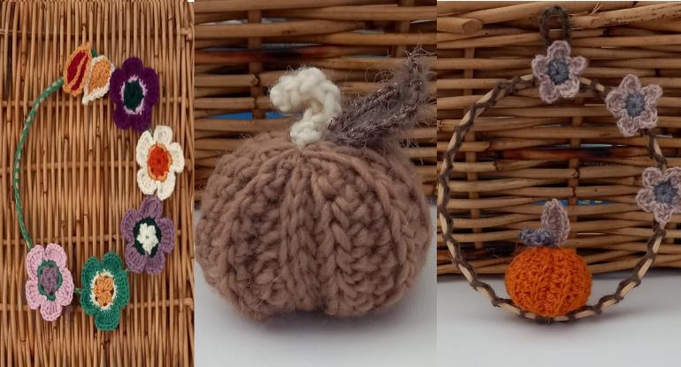 Crocheted autumn wreaths with flowers and an acorn