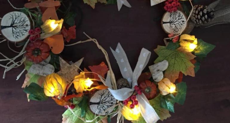 An autumn wreath with fairy lights