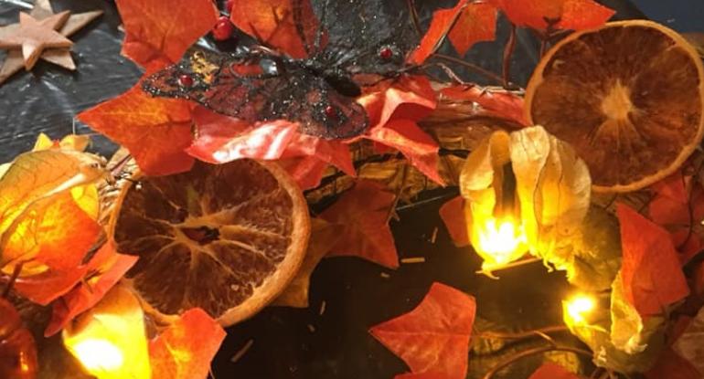 An autumn wreath with fairy lights