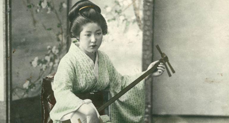 Japanese woman playing a shamisen unknown photographer Yokohama shashin print 1890-1920 National Trust for Scotland Broughton House